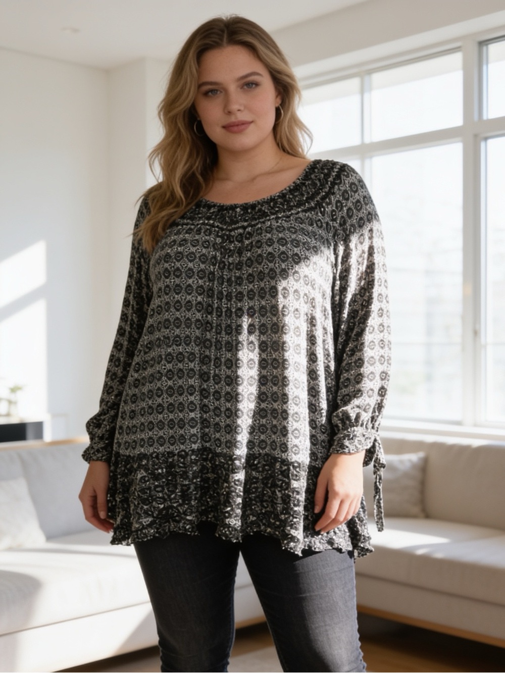 FEVER 1X Black White Geometric Print Long Sleeve Tiered Tunic Top